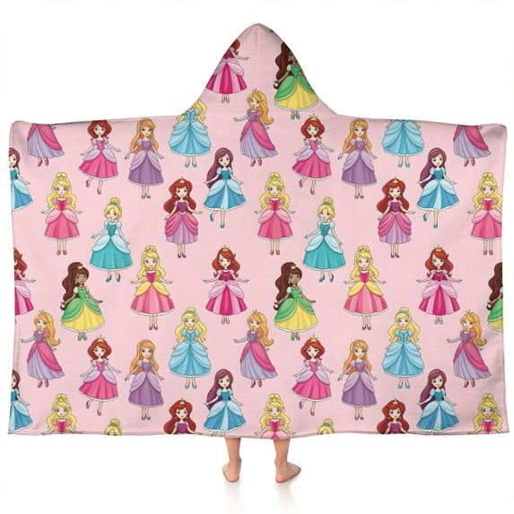 Pink Princess Pattern Hooded Bath Towel,60"x35" for Ages 3 To 12 Kids, Quick Dry Lightweight Soft Microfiber Hood Beach Towel Cover Up for Kids