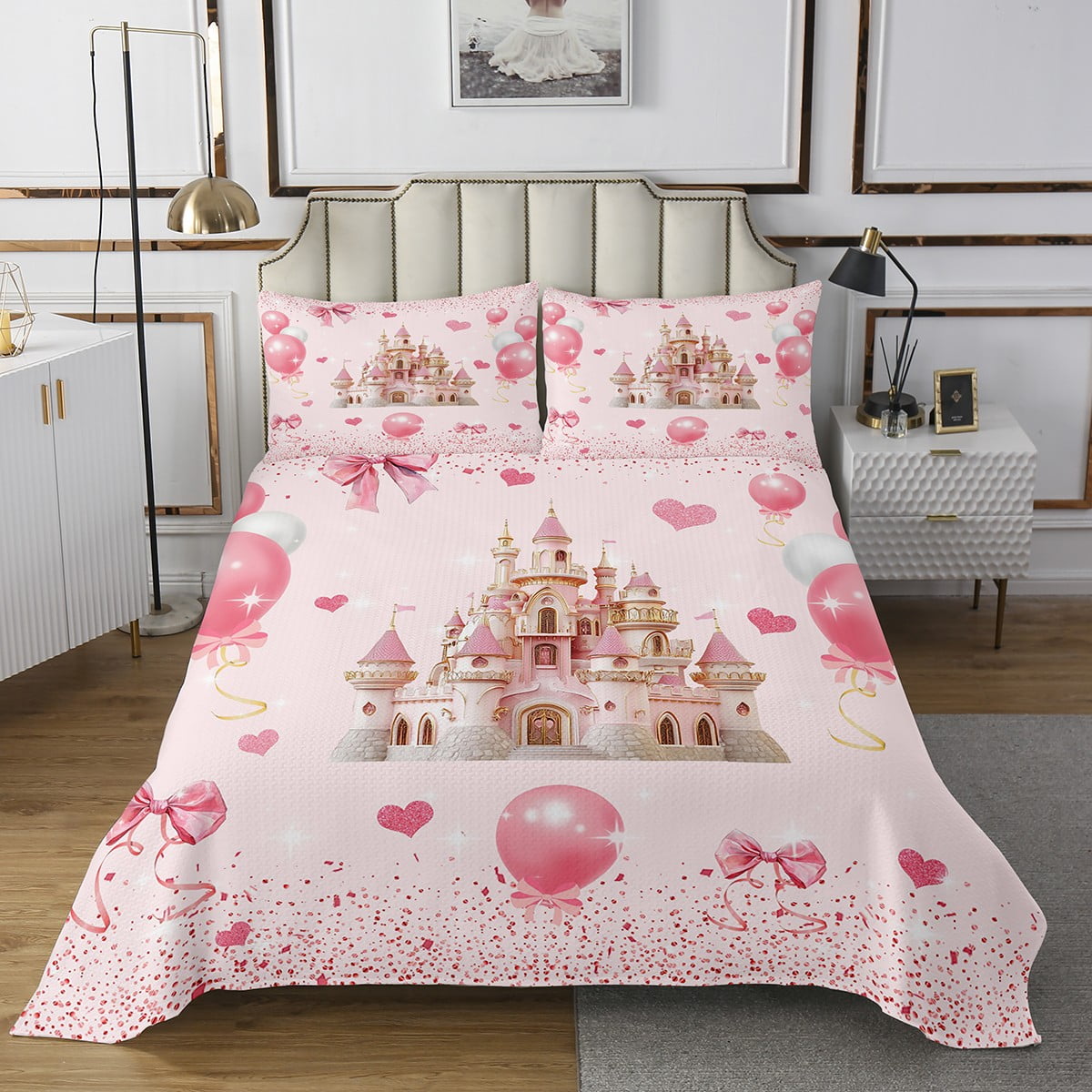 Pink Princess Quilt Set Twin Size,Pink Bow Castle Bedding Set Room ...