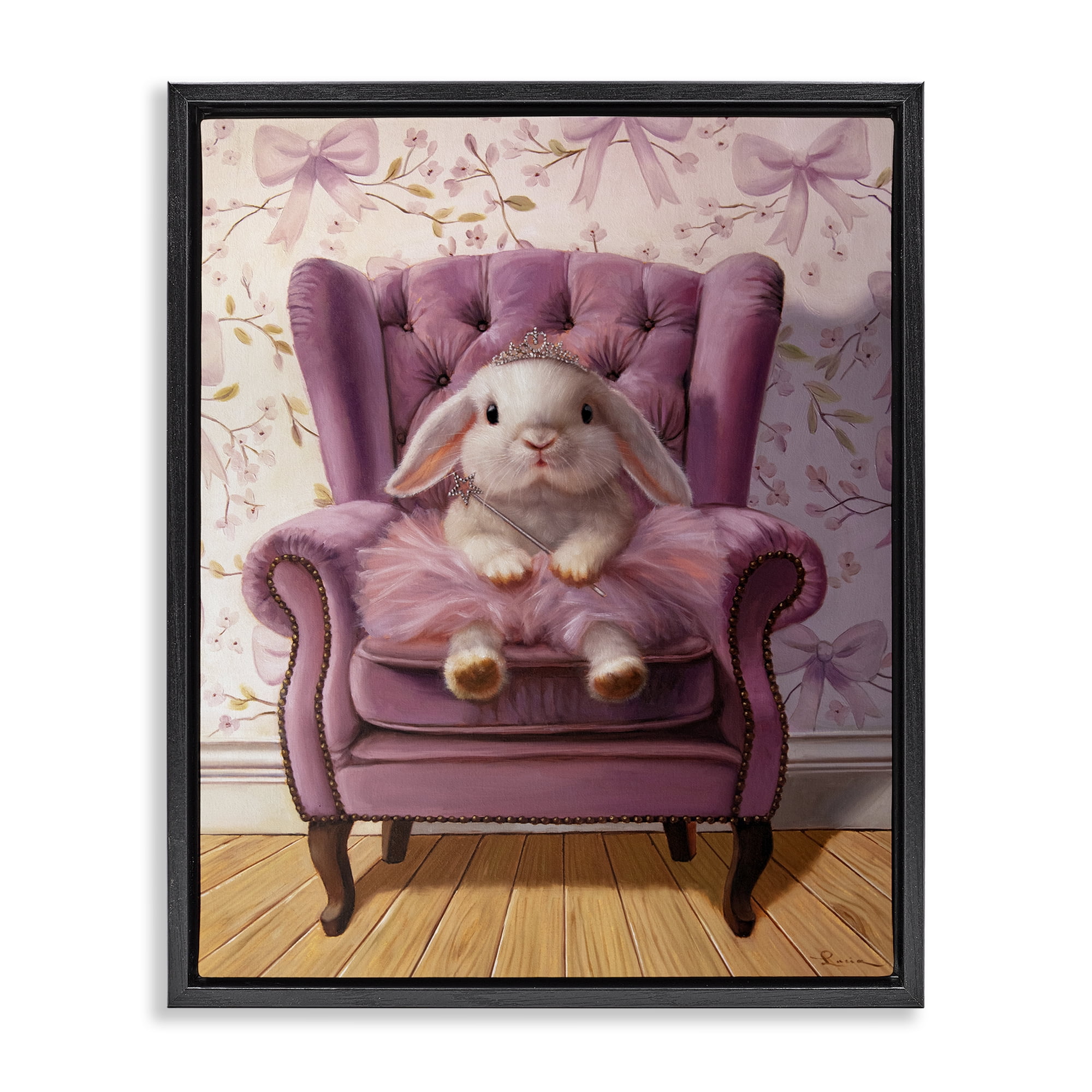 Pink Princess Tutu Bunny Black Framed Floater Canvas Wall Art, design by Lucia Heffernan