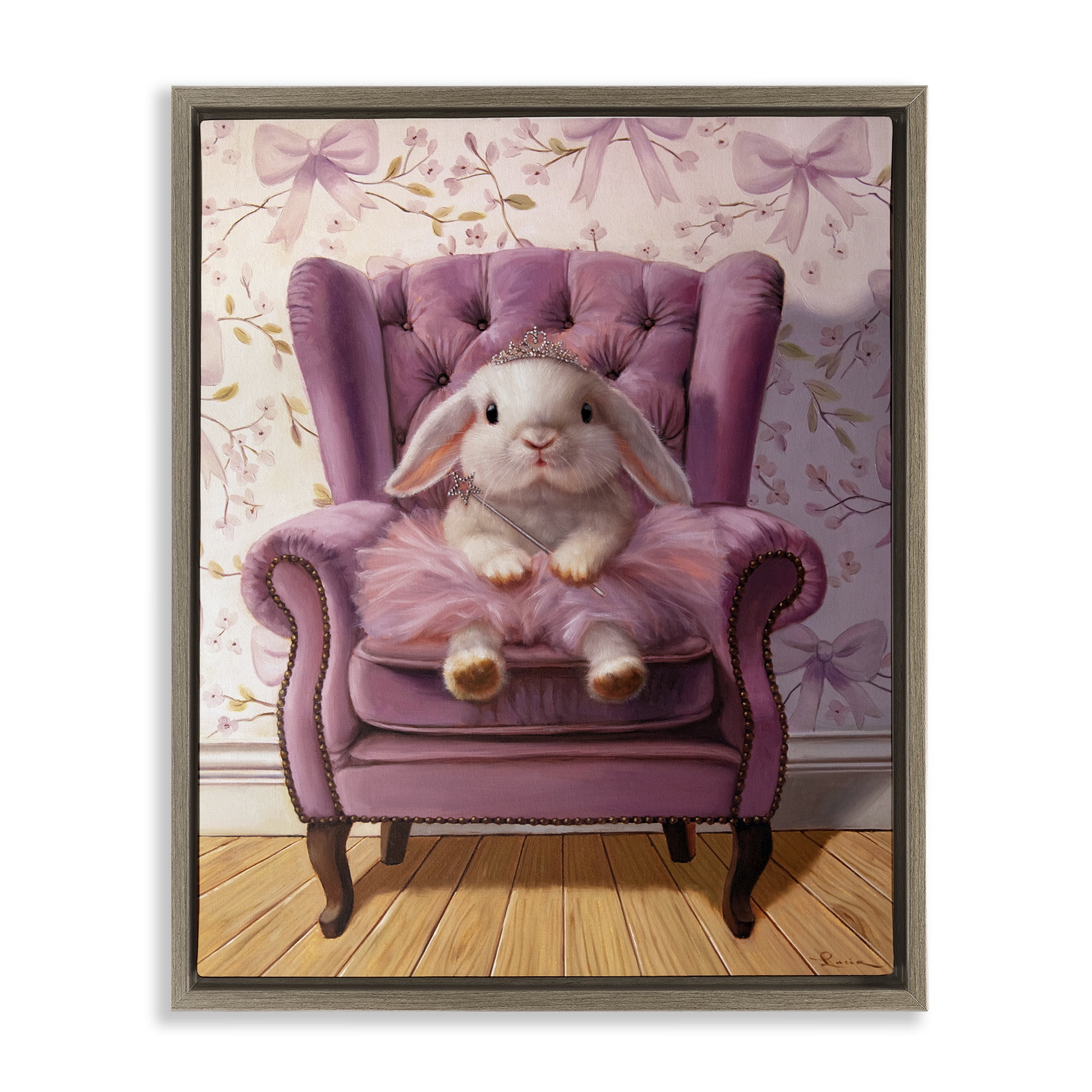 Pink Princess Tutu Bunny Brown Framed Floater Canvas Wall Art, design by Lucia Heffernan