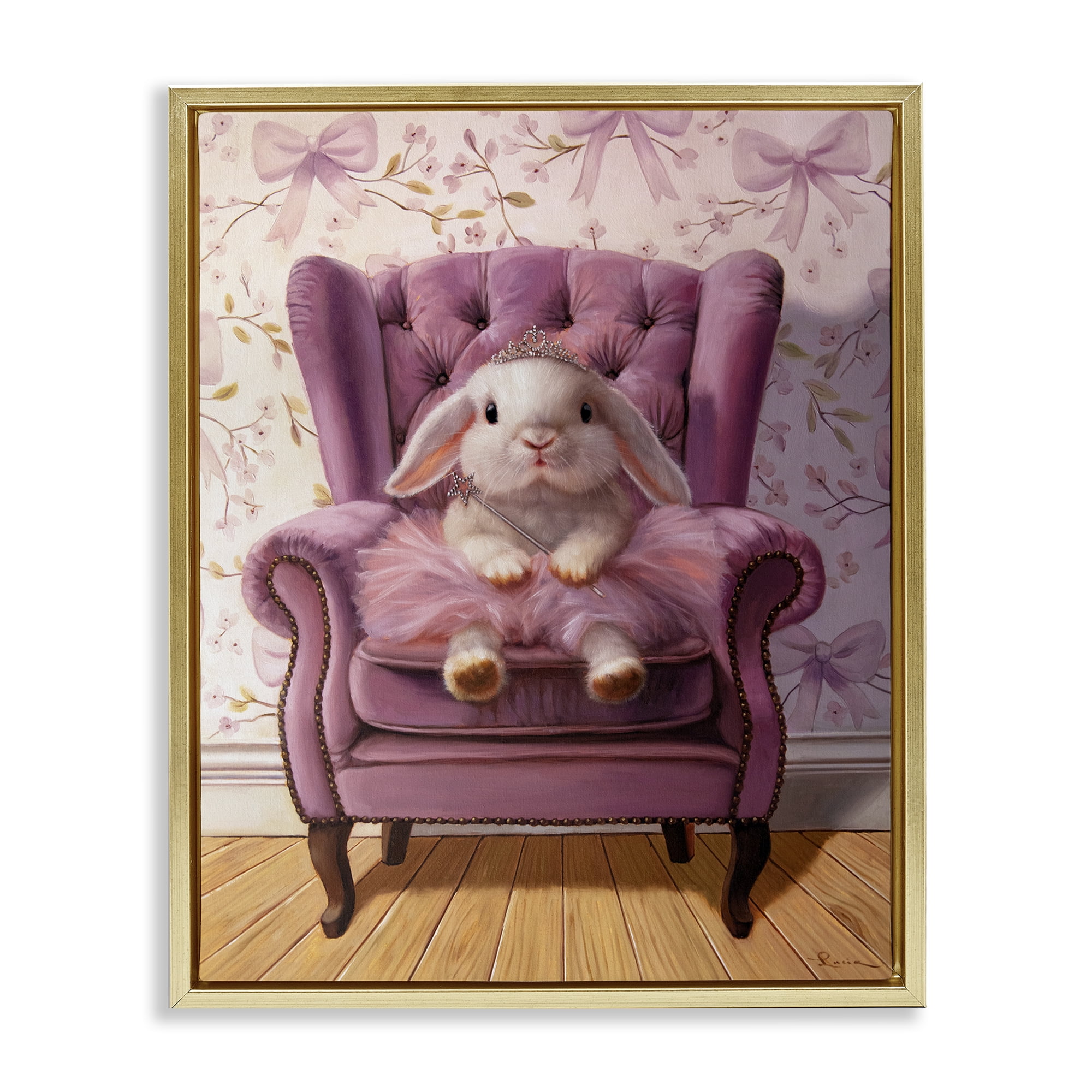 Pink Princess Tutu Bunny Gold Framed Floater Canvas Wall Art, design by Lucia Heffernan