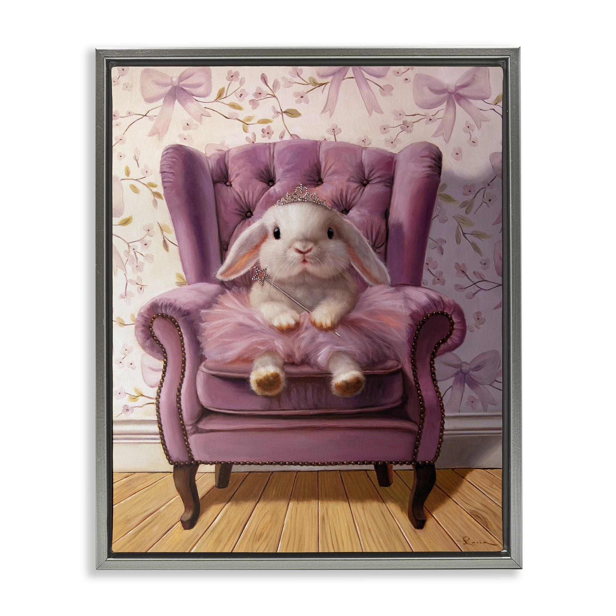 Pink Princess Tutu Bunny Gray Framed Floater Canvas Wall Art, design by Lucia Heffernan