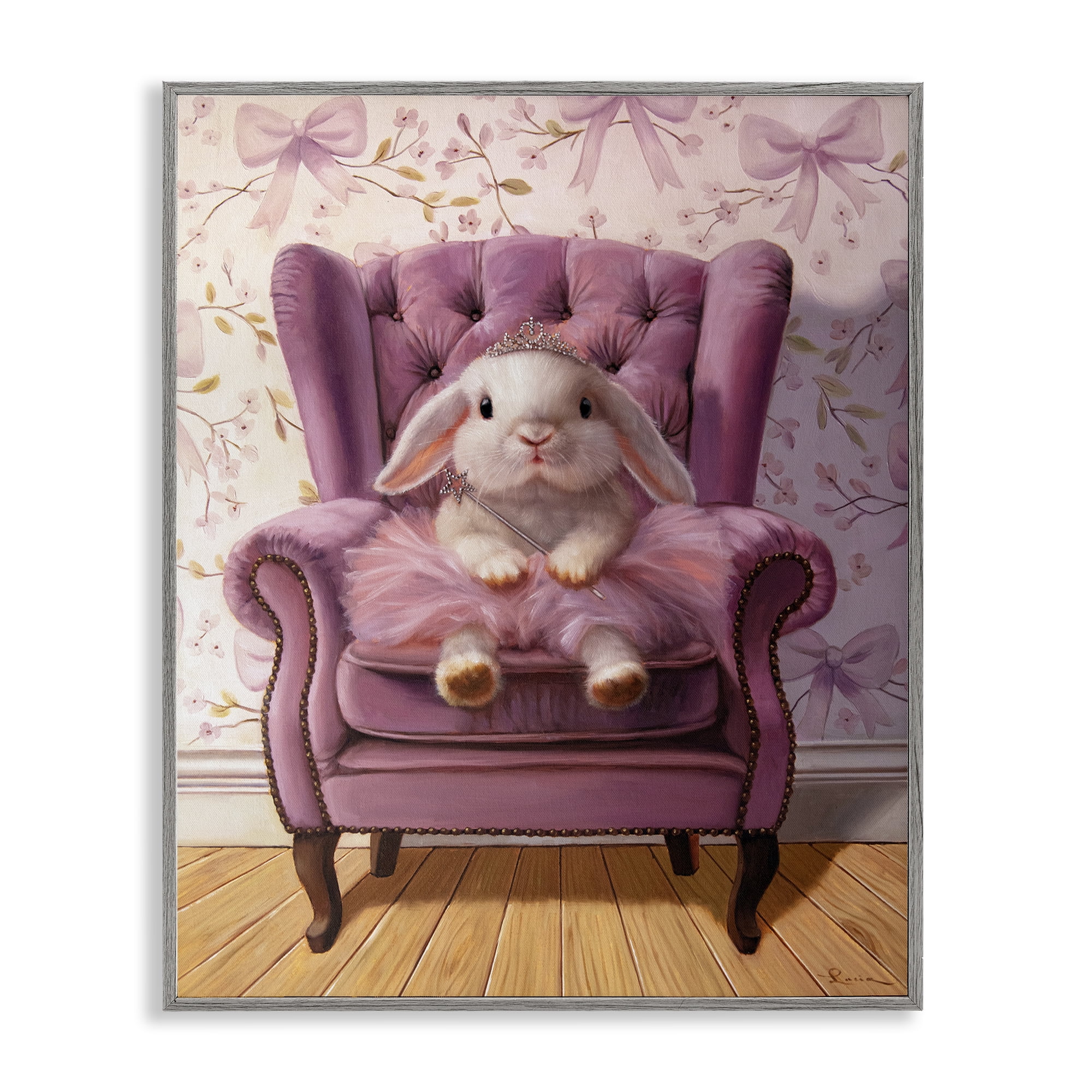 Pink Princess Tutu Bunny Gray Framed Giclee Art, design by Lucia Heffernan