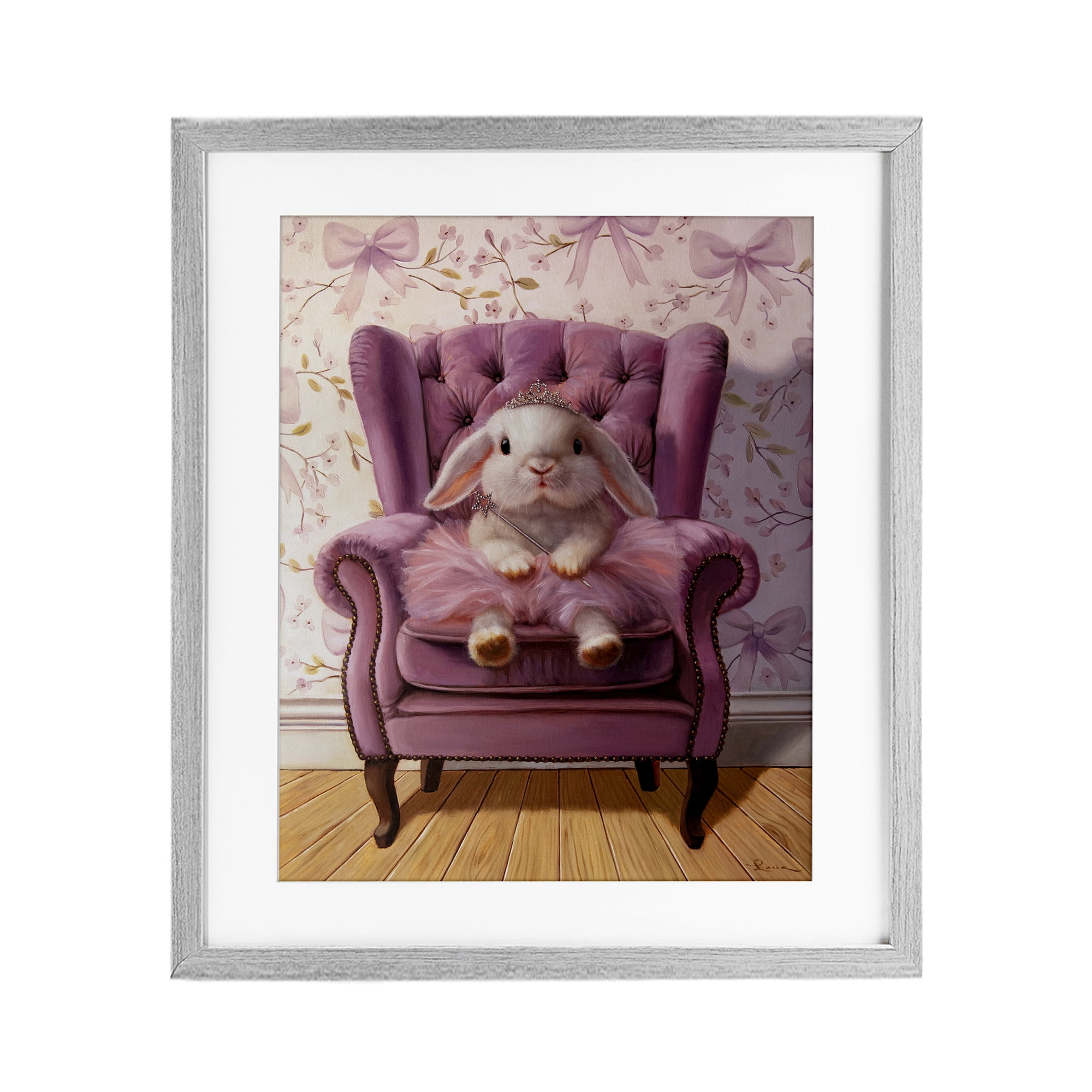 Pink Princess Tutu Bunny Gray Framed Print Under Glass, design by Lucia Heffernan