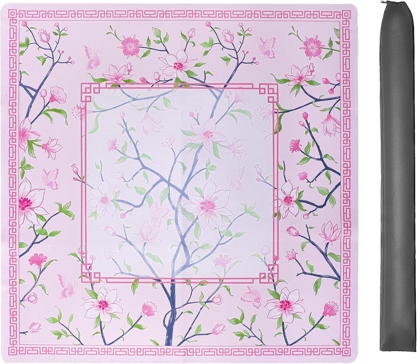 Pink Printed Mahjong Mat (31.5”x31.5”) with Black Carrying Bag, Anti-Slip, Noise-Reducing, Mahjong Table Mat for Mah-jongg,Poker, Board Games, Dominoes, and Card