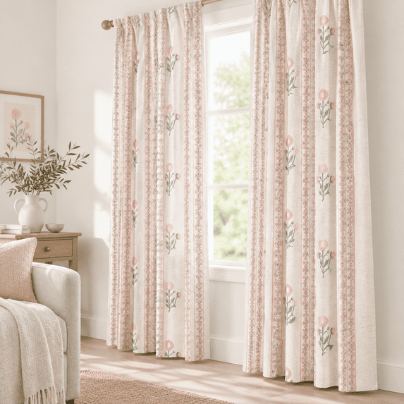 Linken Roo Pink Printed Pinch Pleat Curta90 Inch Long Light Filtering Linen Blend ...