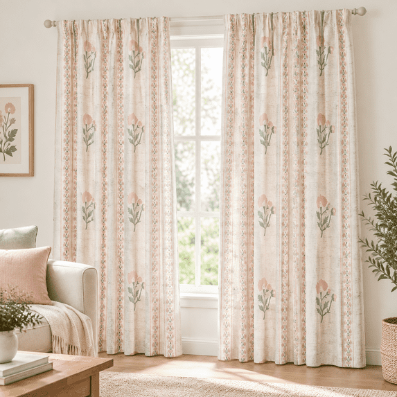 Linken Roo Pink Printed Pinch Pleat Curta95 Inch Long Light Filtering Linen Blend ...