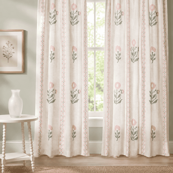 Linken Roo Pink Printed Pinch Pleat Curta95 Inch Long Light Filtering Linen Blend ...