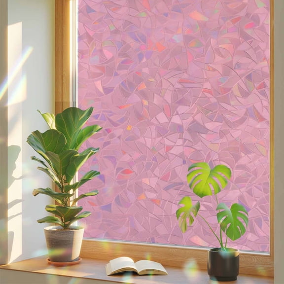 Pink Privacy Window Film, Decorative Stained Glass Window Film, Pure Pink Resuable Rainbow Static Cling for Home Bathroom Living Room Glass Door 17.7"x39.3"