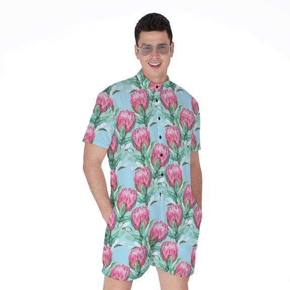 Pink Protea Pattern Short Sleeve Men'S Rompers Casual Summer Jumpsuits Outfit