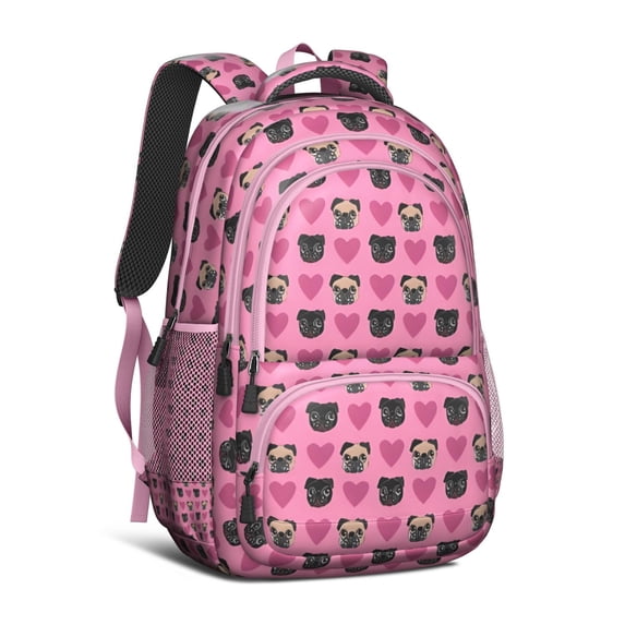Pink Pug Puppies Backpack for School,Cute School Bag,Schoolbag with Adjustable Shoulder Straps & Padded Back,16.9 Inch