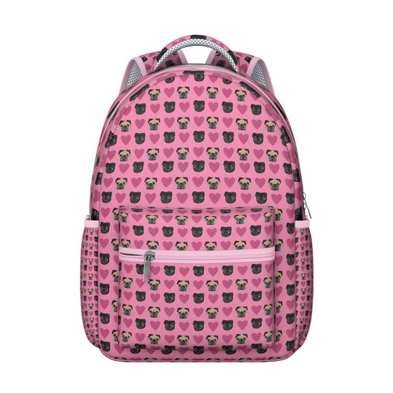 Pink Pug Puppies Backpack for School,Cute School Bag,Schoolbag with Adjustable Shoulder Straps & Padded Back,15.3"x11"x7.1".