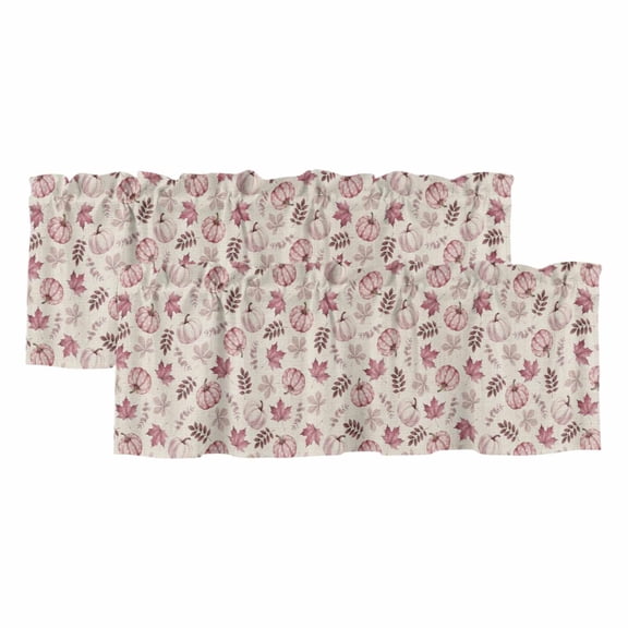 Pink Pumpinks 2 Panels Kitchen Valance, Fall Rustic Blush Pink Pumpink Leaf Linen Texture Curtains Valances for Small Windows Rod Pocket Window Treatments for Living Room Bedroom 42"W x 12"L
