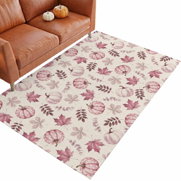 Pink Pumpinks 3'x5' Entryway Rugs for Bedroom Foot of Bedside Small Living Room, Fall Rustic Blush Pink Pumpink Leaf Linen Texture Washable Mats Non Slip Rectangle Area Rug