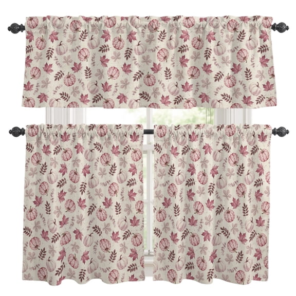 Pink Pumpinks Kitchen Curtains and Valances Set, Fall Rustic Blush Pink Pumpink Leaf Linen Texture 3 Piece Curtains Valances and Tiers Set Rod Pocket for Kitchen Bathroom Windows 36 Inch