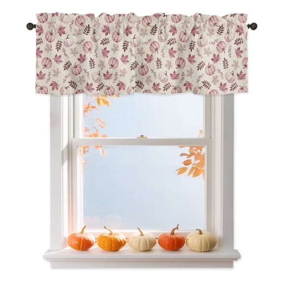 Pink Pumpinks Valances for Windows 42 x 12in Fall Rustic Blush Pink Pumpink Leaf Linen Texture Rod Pocket Kitchen Valance Curtain Light Filtering Window Treatments for Living Room Bedroom, 1 Panel