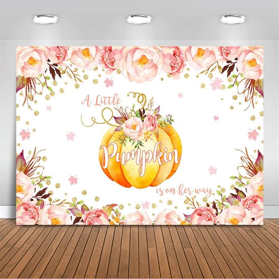 Pink Pumpkin Baby Shower Backdrop for Girls Little Pumpkin is on her Way Background Floral Glitter Dots Fall Autumn Pumpkin Baby Shower Party Decorations Banner Supplies Photo Booth Props