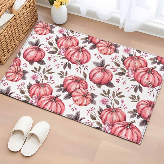 Pink Pumpkin Bathroom Rug Washable 2x3 Entryway Rug Non Slip Thanksgiving Autumn Fall Leaf Flower Front Door Mat Low Pile Indoor Doormat Throw Floor Carpet for Kitchen Bedroom Entrance