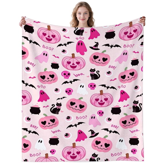 Pink Pumpkin Blanket Gifts for Women Men Adults Pumpkin Lovers Plush Lightweight Halloween Ghost Throw Blankets for Camping Office Decor Birthday Gifts 50×40 Inch