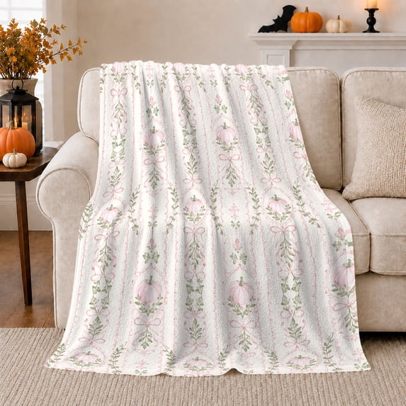 Pink Pumpkin Bow Stripe Sofa Calm Cottagecore, Cozy Friendship Quote Scene, Warm Flannel Blanket for Living Room and Reading Nook, Art Lovers Thanksgiving Gift, Artistic Home Decor