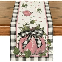Pink Pumpkin Bowknot Buffalo Plaid 210 GSM Fall Table Runner,Seasonal Autumn Kitchen Dining Table Decoration for Home Party Decor 13x72 Inch