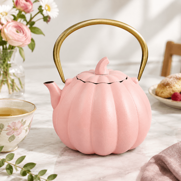 Pink Pumpkin Cast Iron Teapot - Cute Tea Kettle Stovetop Safe