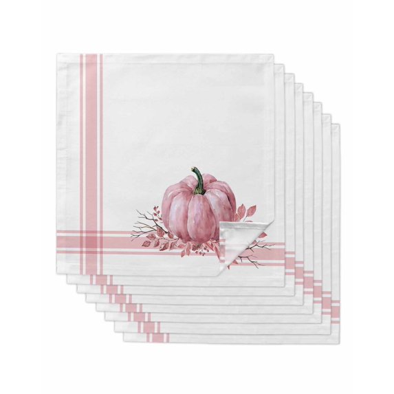 Pink Pumpkin Cloth Napkins Set of 8 Reusable Dinner Napkins, Thanksgiving Fallen Leaves Autumn Stripe Cocktail Napkin Washable Table Napkins for Wedding/Holiday Party/Baby Shower 20"x20"