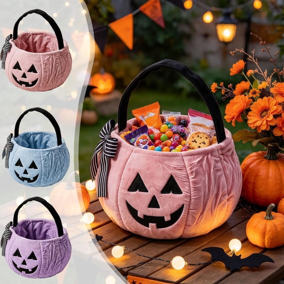 Pink Pumpkin Cloth Storage Basket | Cute Halloween Candy Bowl, Trick or Treat Bag, Boo Gift, Stuffer Filler | Multipurpose Home Organizer & Gift Basket with Handles | Decorative Container