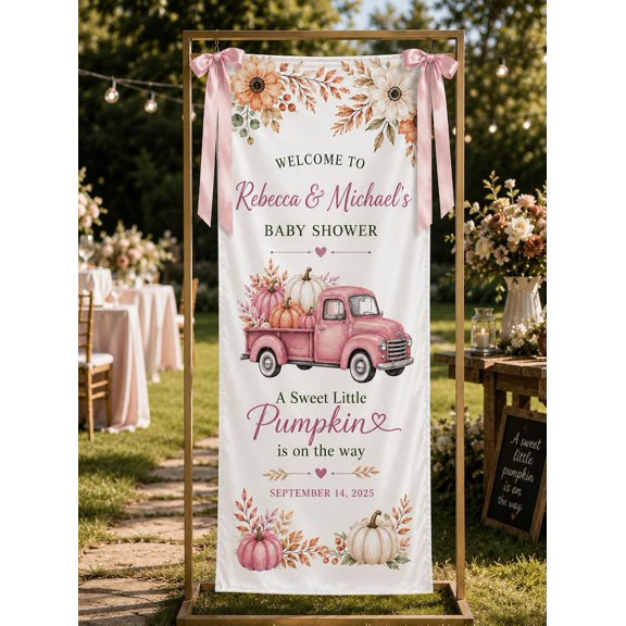 Pink Pumpkin Fabric Welcome Banner, Personalized Fall Theme Sign, Custom Autumn Party Backdrop, Event Decor Gift