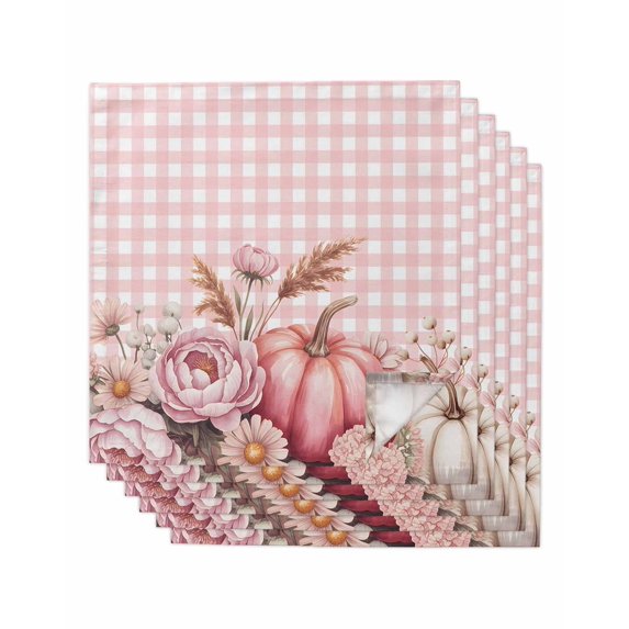 Pink Pumpkin Fall Cloth Napkins Set of 6 Reusable Dinner Napkins, Plaid Thanksgiving Botanical Floral Checkered Cocktail Napkin Washable Table Napkins for Wedding/Holiday Party/Baby Shower 20"x20"