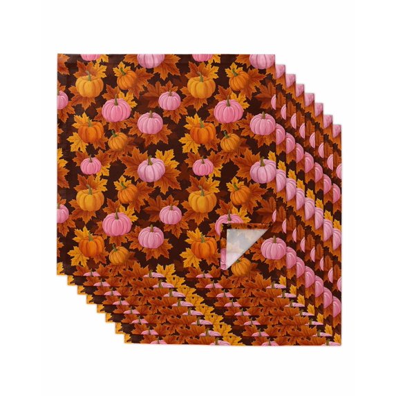 Pink Pumpkin Fall Cloth Napkins Set of 8 Reusable Dinner Napkins, Thanksgiving Maple Leaves Autumn Cocktail Napkin Washable Table Napkins for Wedding/Holiday Party/Baby Shower 20"x20"