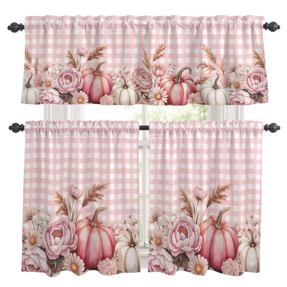 Pink Pumpkin Fall Kitchen Curtains,Kitchen Curtains and Valances Set of 3,Plaid Thanksgiving Botanical Floral Checkered Light Filtering Tier Curtain 24 Inch Length Drapes for Cafe Sink Bedroom