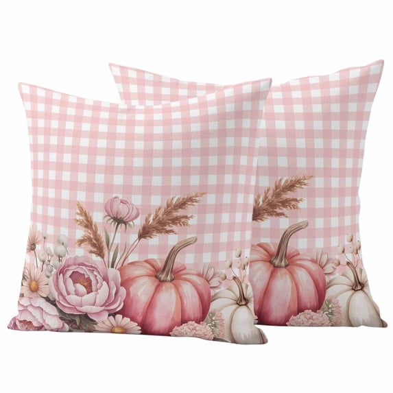 Pink Pumpkin Fall Outdoor Waterproof Pillow Covers, Plaid Thanksgiving Botanical Floral Checkered Decorative Square Throw Pillowcase Sofa Cushion Sham for Patio/Couch/Chair, 16"x16" 2 Pack