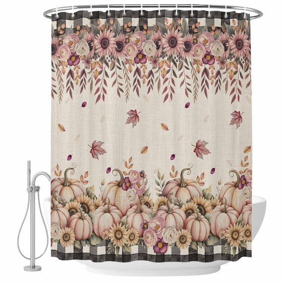 Pink Pumpkin Fall Shower Curtain, Waterproof Shower Curtains for Bathroom, Thanksgiving Sunflower Floral Leaves Beige Washable Fabric Bathtub Curtain Set Bath Decor with 12 Hooks Stall 36"x72"