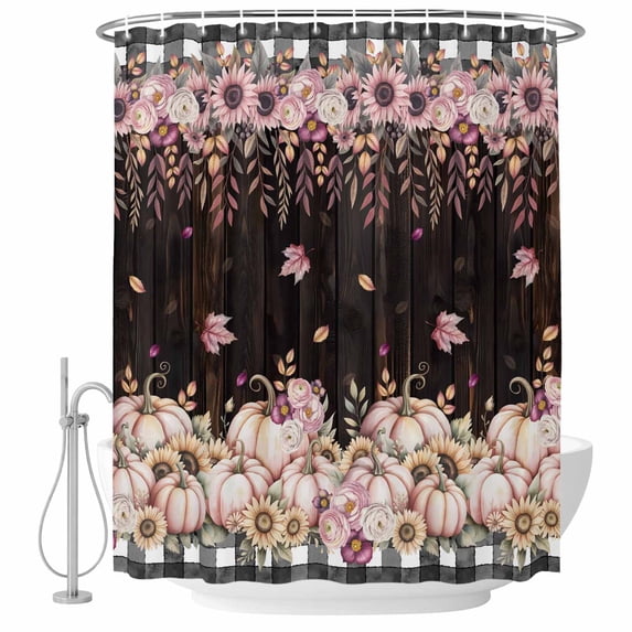 Pink Pumpkin Fall Shower Curtain, Waterproof Shower Curtains for Bathroom, Thanksgiving Sunflower Floral Leaves Brown Washable Fabric Bathtub Curtain Set Bath Decor with 12 Hooks 48"x72"