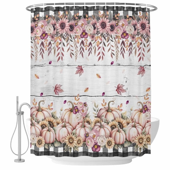 Pink Pumpkin Fall Shower Curtain, Waterproof Shower Curtains for Bathroom, Thanksgiving Sunflower Floral Leaves Gray Washable Fabric Bathtub Curtain Set Bath Decor with 12 Hooks Stall 36"x72"