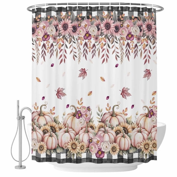 Pink Pumpkin Fall Shower Curtain, Waterproof Shower Curtains for Bathroom, Thanksgiving Sunflower Floral Maple Leaf Washable Fabric Bathtub Curtain Set Bath Decor with 12 Hooks Stall 36"x72"