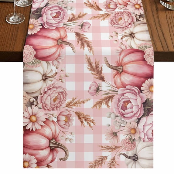 Pink Pumpkin Fall Table Runner 120 Inches Long,Cotton Linen Table Runner Dresser Scarf,Plaid Thanksgiving Botanical Floral Checkered Fabric Tablerunners for Dining Tables Holiday Party 13"x120"