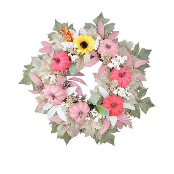 Pink Pumpkin Fall Wreath with Artificial Maple Leaves Berries,17 Inch Thanksgiving Day Floral Pumpkins Wreaths for Front Door Holiday Hanging Decorations for Wall Window Porch Home Decor