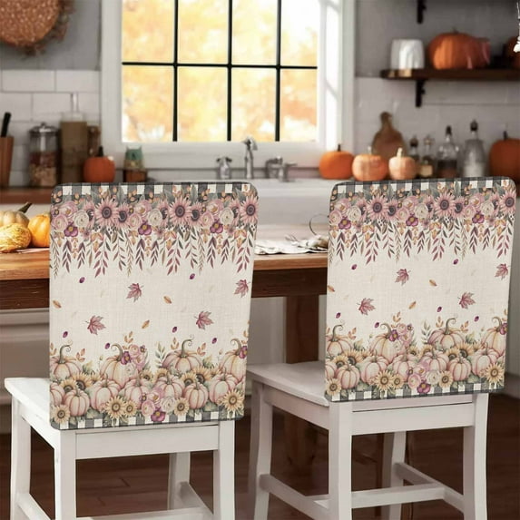 Pink Pumpkin Flower Chair Covers Set of 1 Maple Leaf Sunflower Vintage Linen Chair Back Covers Stretch Removable Washable Slipcovers Protector for Dining Room Kitchen Party Decor