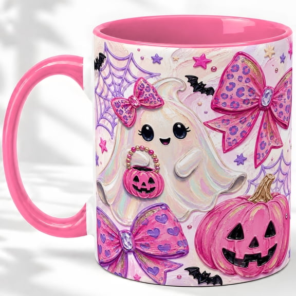 Pink Pumpkin Ghost Accent Mug, 11oz Ceramic Coffee Cup for Halloween
