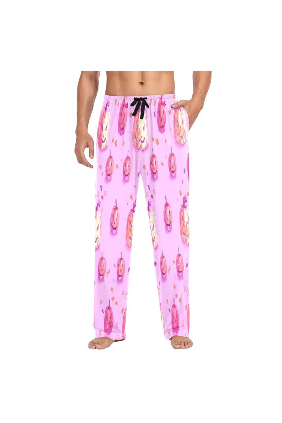 Pink Pumpkin Head Mens Cotton Pajama Pants Long Staple Lightweight Sleep Bottoms with Pockets Breathable
