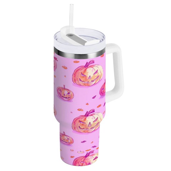 Pink Pumpkin Head Water Bottles 30oz Insulated Tumblers Double-Walled Ergonomic Handle Leak Proof
