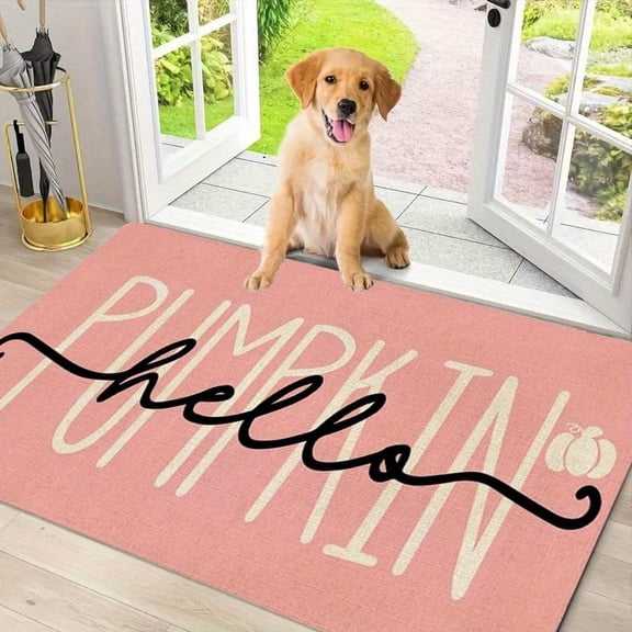 Pink Pumpkin Hello Fall Flannel Doormat, Non Slip Harvest Front Entry Floor Mat