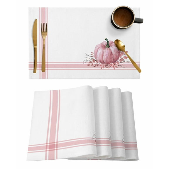 Pink Pumpkin Placemats Set of 12 Thanksgiving Fall Leaf Vintage Farmhouse Heat Insulation Washable Place Mats, Rustic Non-Slip Table Mats for Dining Table Party Kitchen Decor,13x19 Inch