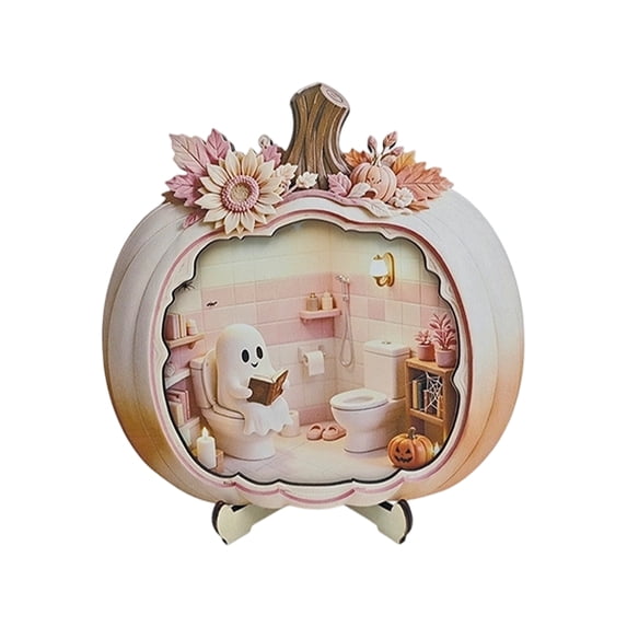 Pink Pumpkin Shaped 2D Wooden Ornament with LED Light, Mini Ghost Room Scene Woodcraft, Cute Pastel Halloween Desktop Decor for Tiered Tray, Shelf, Fall Home Party Decoration