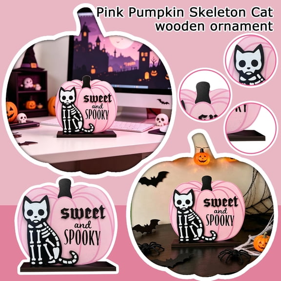 Pink Pumpkin Skeleton Cat Wooden Table Decoration, Sweet and Spooky Halloween Desktop Mantel Shelf Decoration, 7.87x7.08 Inch Freestanding Ornament