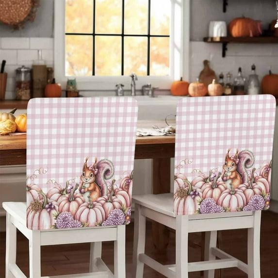Pink Pumpkin Squirrel Chair Covers Set of 8 Fruit Flower Dahlia Chair Back Covers Stretch Removable Washable Slipcovers Protector for Dining Room Kitchen Party Decor