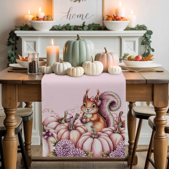 Pink Pumpkin Squirrel Table Runner, Autumn Thanksgiving Kitchen Dining Table Decoration for Home Party Decor 13x120 Inches