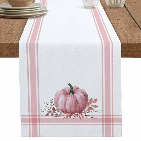 Pink Pumpkin Table Runner 108 Inches Long for Dining Table Decor,Thanksgiving Fallen Leaves Autumn Stripe Burlap Linen Farmhouse Table Runner Coffee Table Runners Dresser for Kitchen Party Holiday